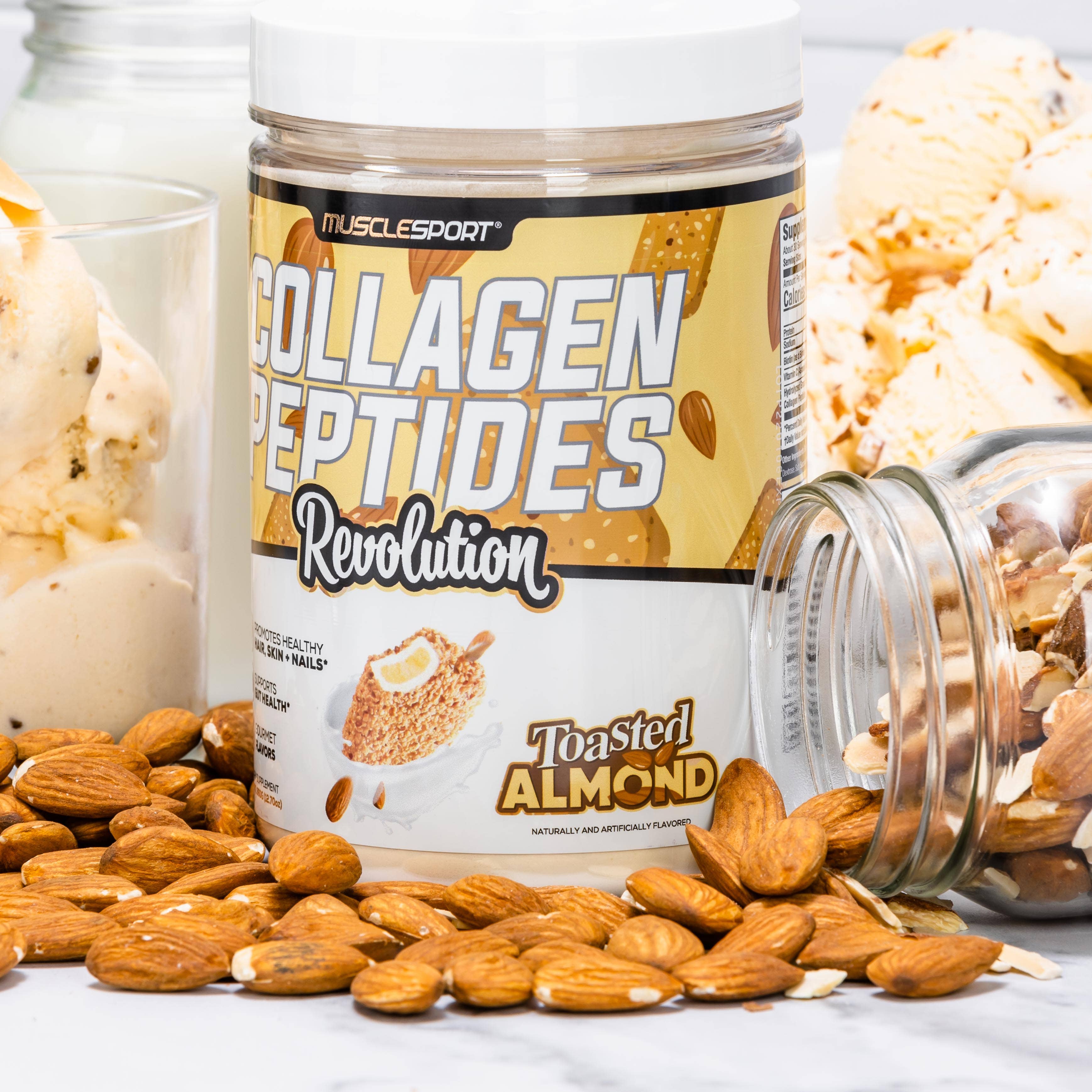 MuscleSport Collagen Peptides Revolution - Toasted Almond flavor collagen creamer with hydrolyzed collagen and biotin, surrounded by almonds and ice cream.