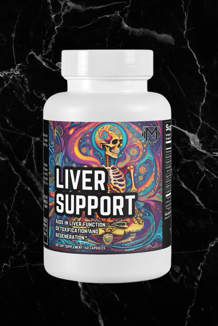 Project M Liver Support supplement bottle with colorful skeleton artwork, designed for liver detox and regeneration support.