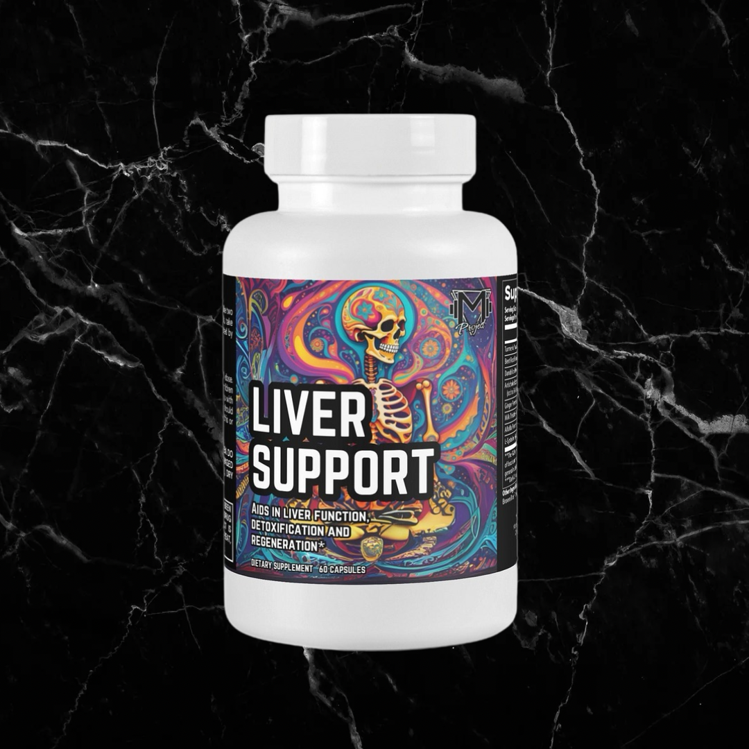 Project M Liver Support supplement bottle with colorful skeleton artwork, designed for liver detox and regeneration support.