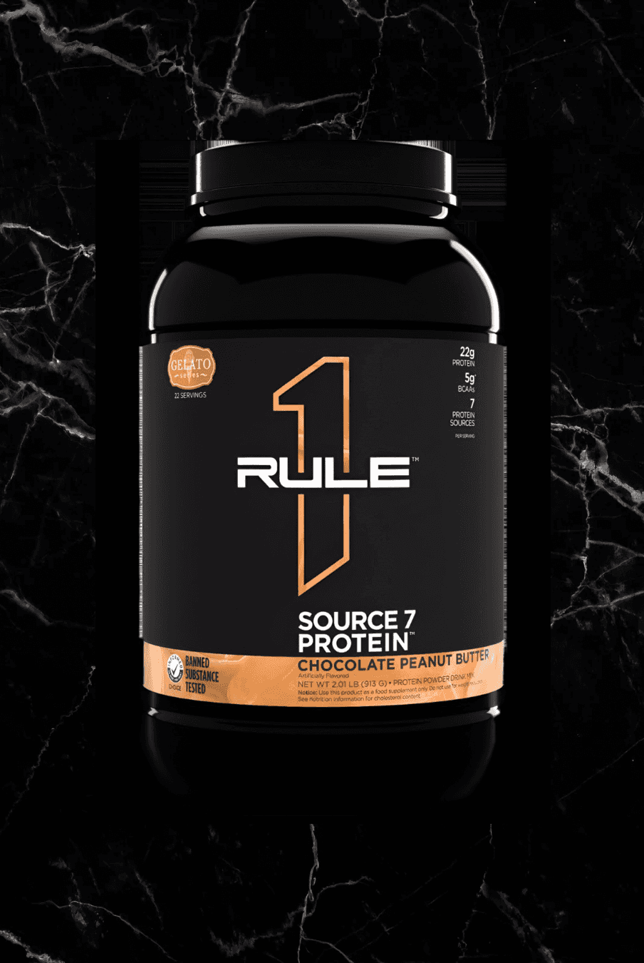 SOURCE 7 Protein Gelato Inspired - Chocolate Peanut Butter flavor by Rule1, 22g protein blend in a black container with orange label design.