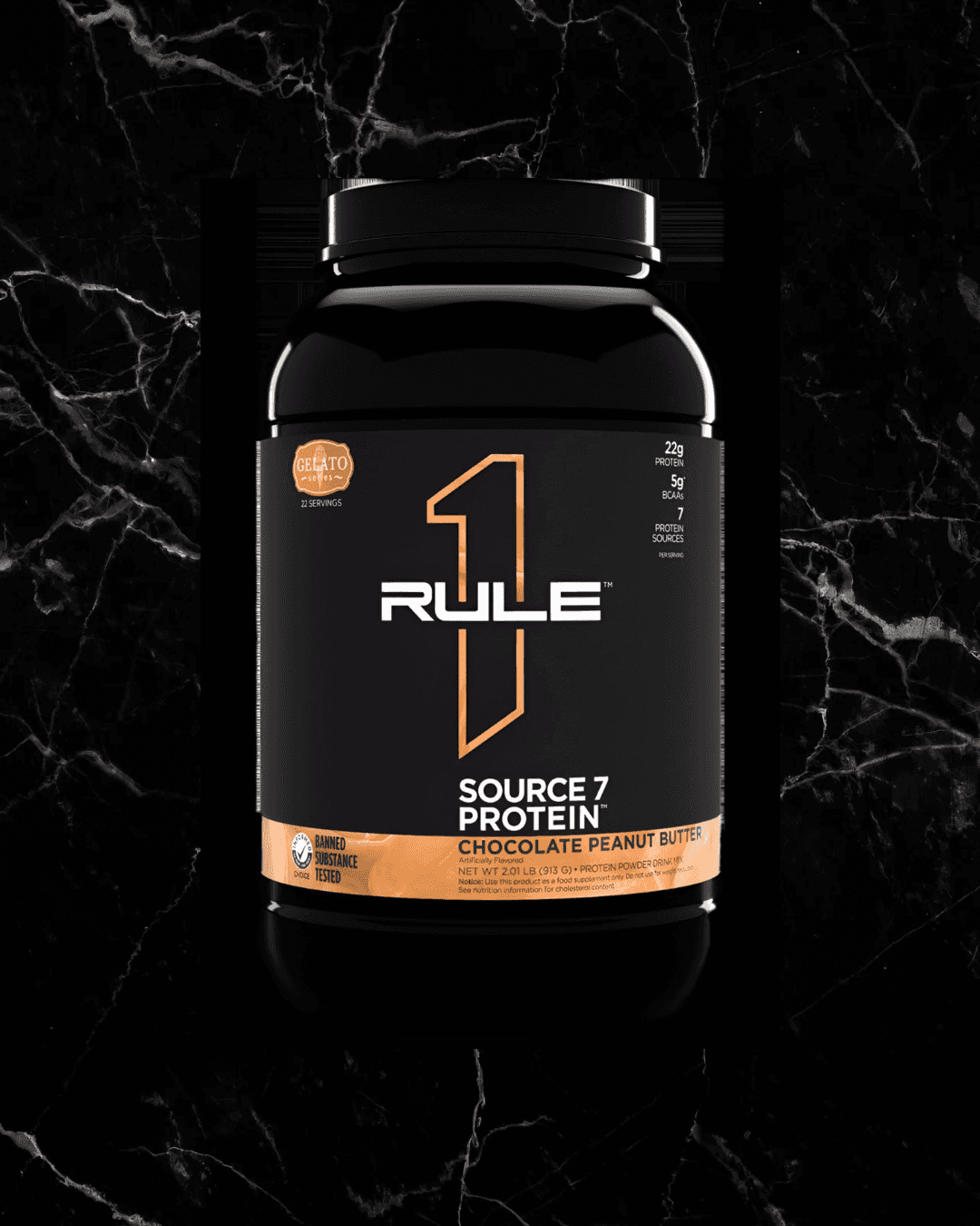 SOURCE 7 Protein Gelato Inspired - Chocolate Peanut Butter flavor by Rule1, 22g protein blend in a black container with orange label design.