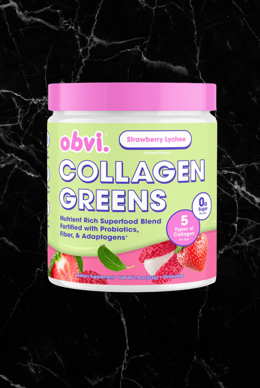 Obvi Collagen Greens - Strawberry Lychee container with vibrant label featuring 5 collagen types, probiotics, and adaptogens for wellness support.