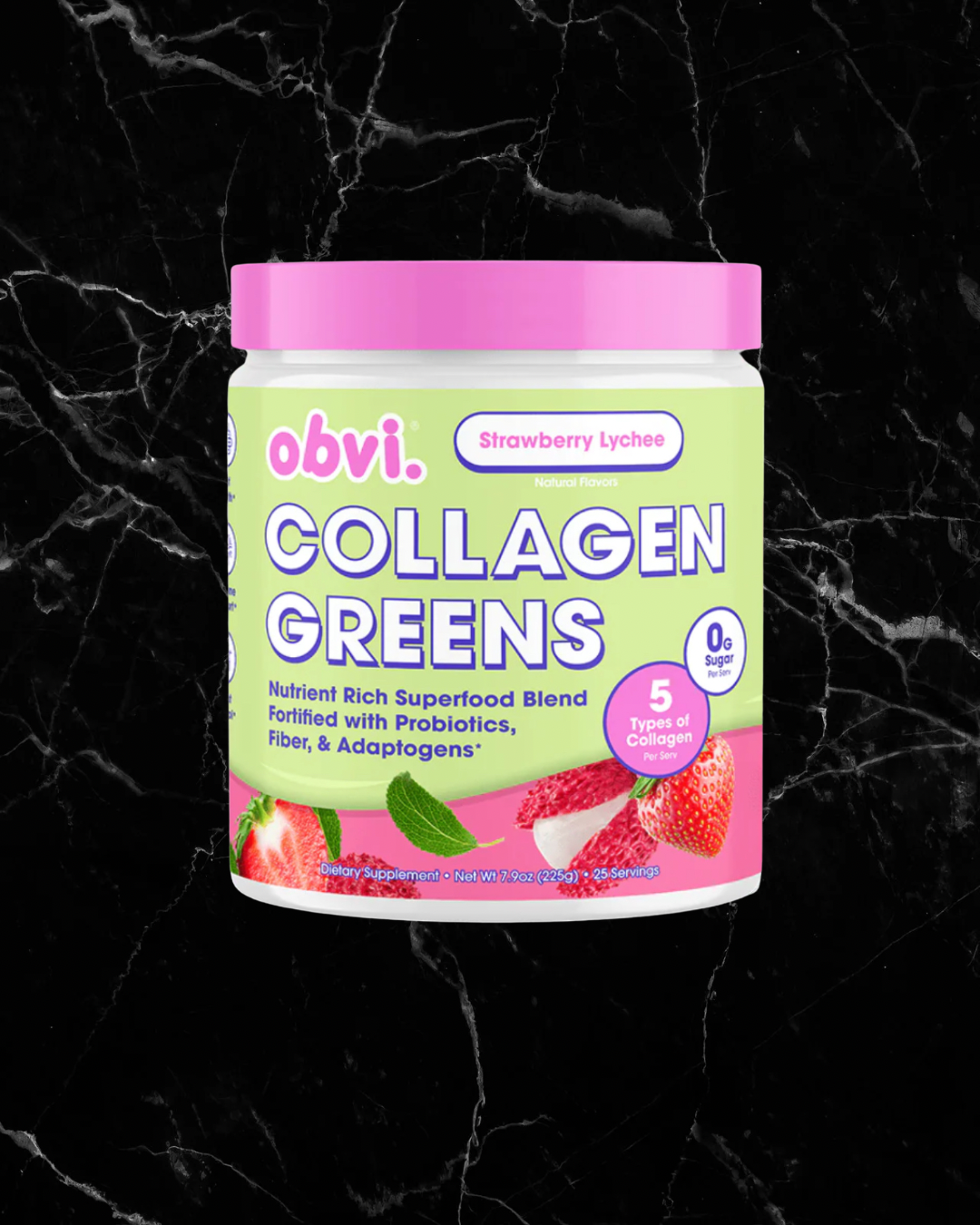 Obvi Collagen Greens - Strawberry Lychee container with vibrant label featuring 5 collagen types, probiotics, and adaptogens for wellness support.