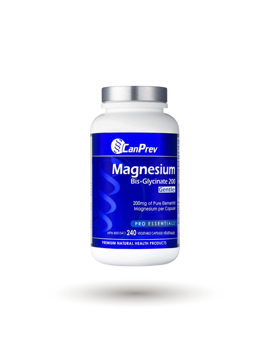 CanPrev Magnesium Bis•Glycinate 200 supplement bottle with 240 vegan capsules, offering 200mg of elemental magnesium for muscle, heart, and bone health.