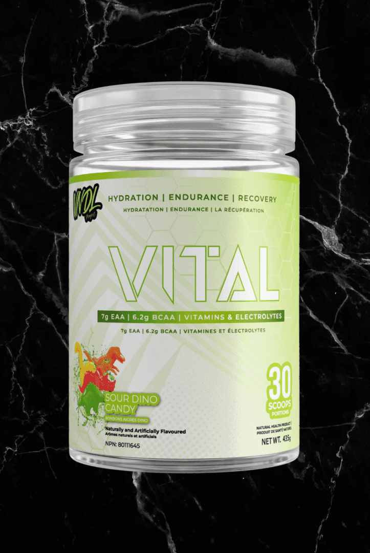 VNDL Project Vital Sour Dino Candy flavor EAA BCAA supplement for hydration, endurance, and muscle recovery with essential amino acids.