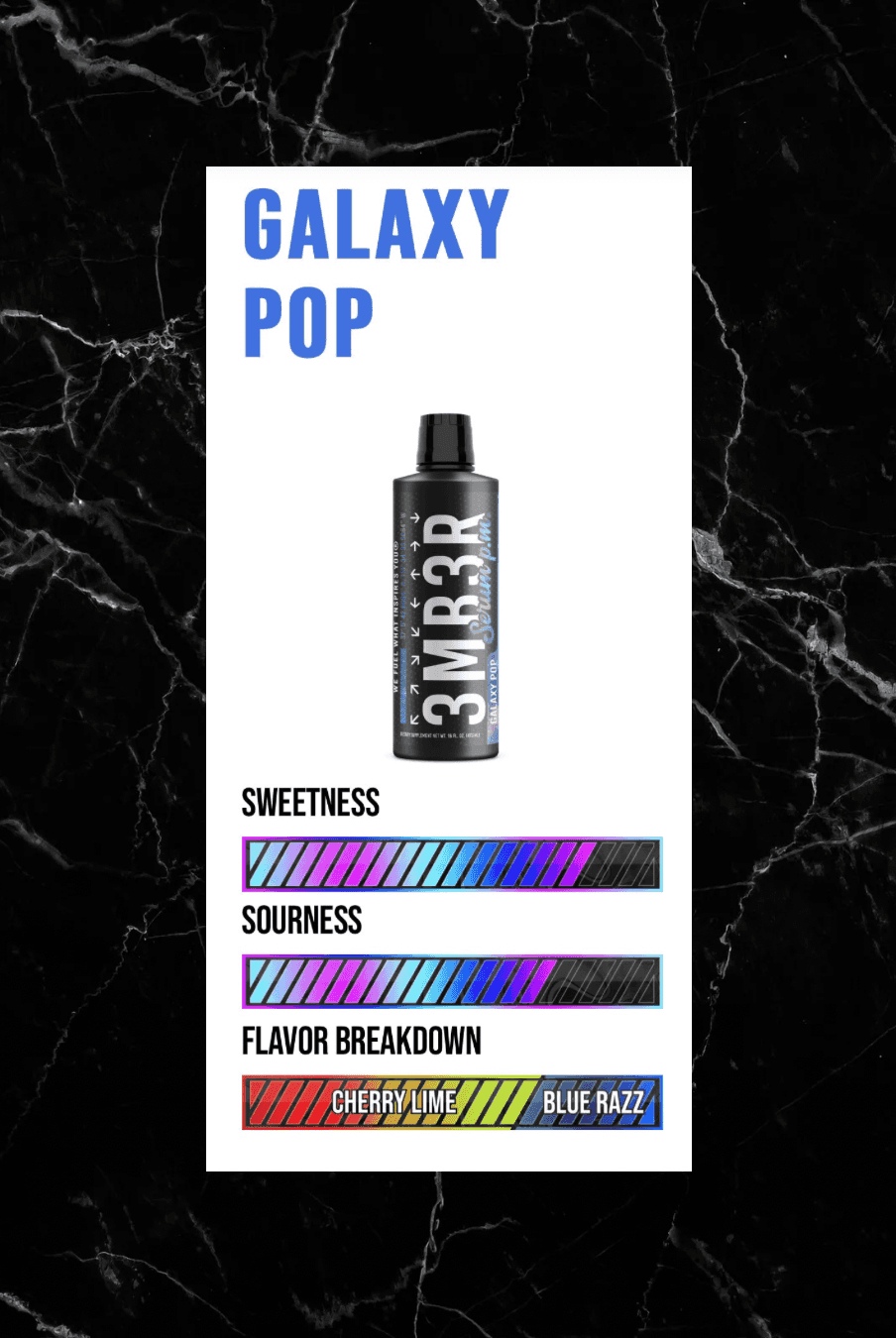 Flavor profile of 3MBER:SERUM PM Galaxy Pop with high sweetness and sourness, featuring cherry lime and blue razz notes.