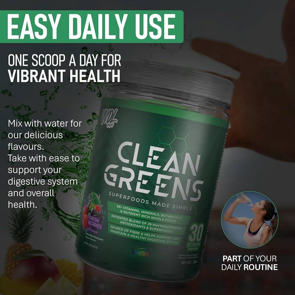 VNDL Clean Greens daily use guide showing scoopable greens powder for digestive and immune support with vibrant health benefits.