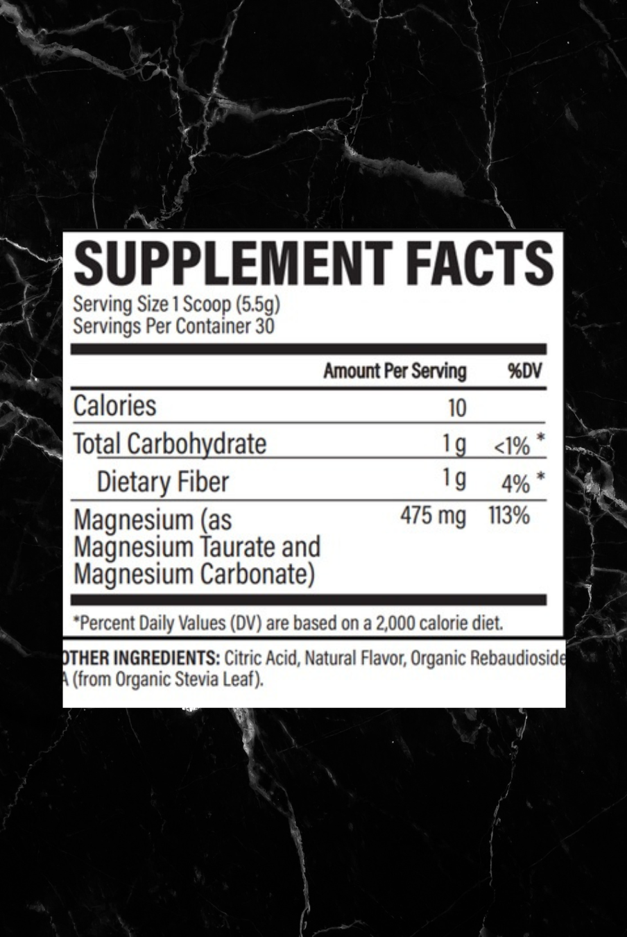 Supplement facts label of Revive Magnesium+ showing 475mg magnesium per serving from magnesium taurate and carbonate, with 10 calories per scoop.