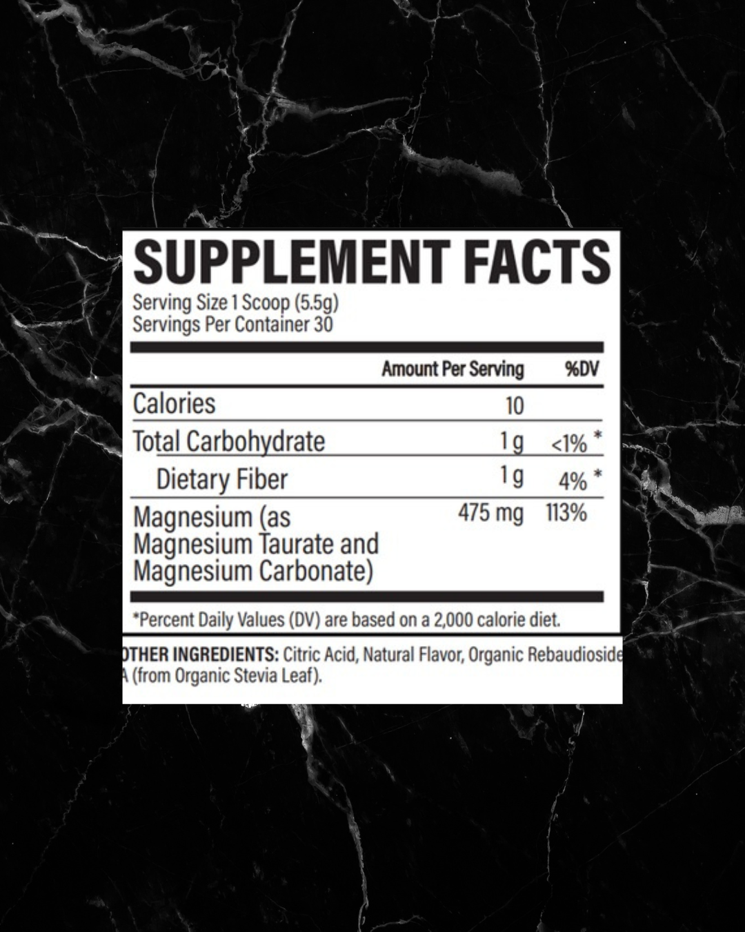 Supplement facts label of Revive Magnesium+ showing 475mg magnesium per serving from magnesium taurate and carbonate, with 10 calories per scoop.