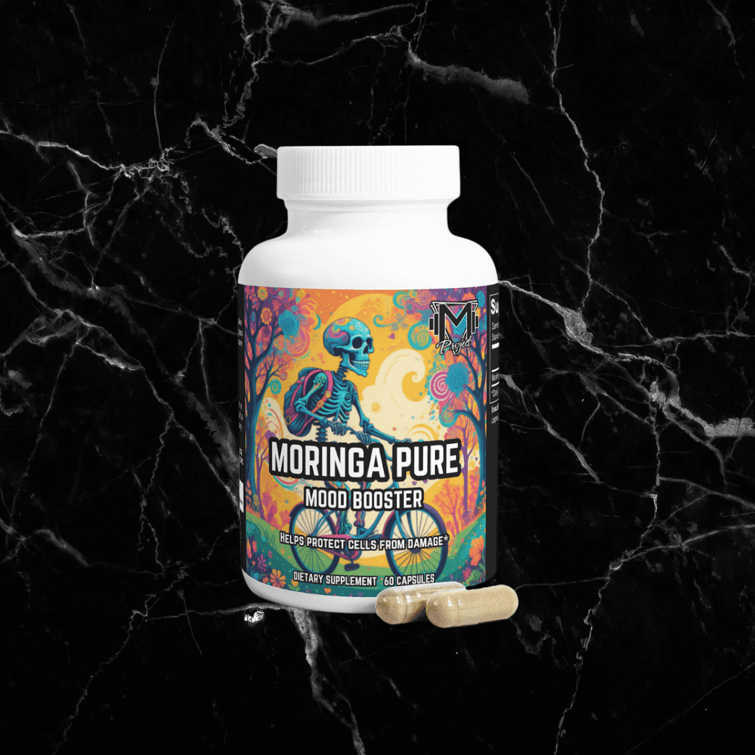 Moringa Pure Mood Booster supplement bottle with vibrant label featuring a skeleton design. Supports energy, immunity, and digestion naturally.