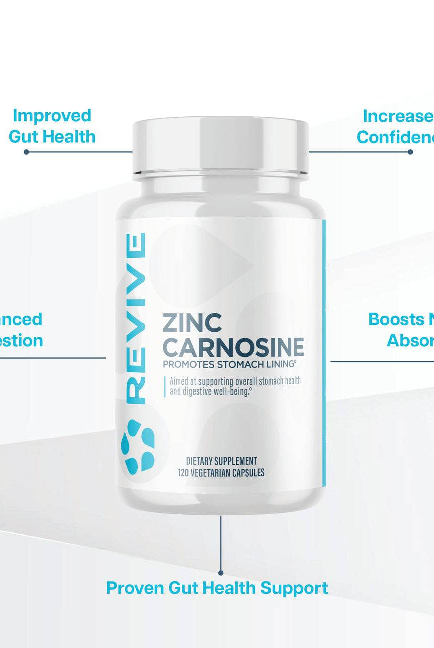 Revive Zinc Carnosine benefits infographic highlighting improved gut health, nutrient absorption, digestion, and confidence.