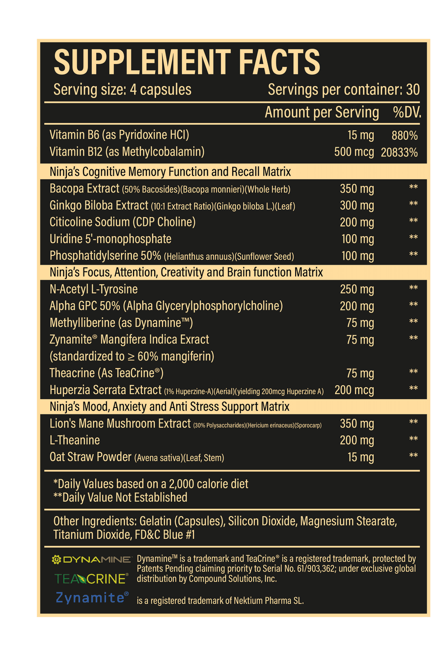 Supplement facts label for Ninja Limitless nootropic