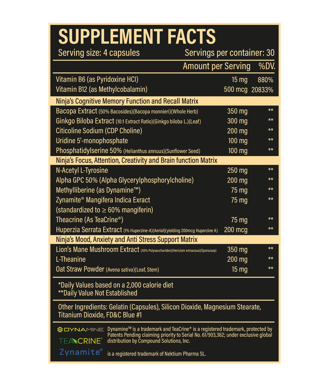 Supplement facts label for Ninja Limitless nootropic
