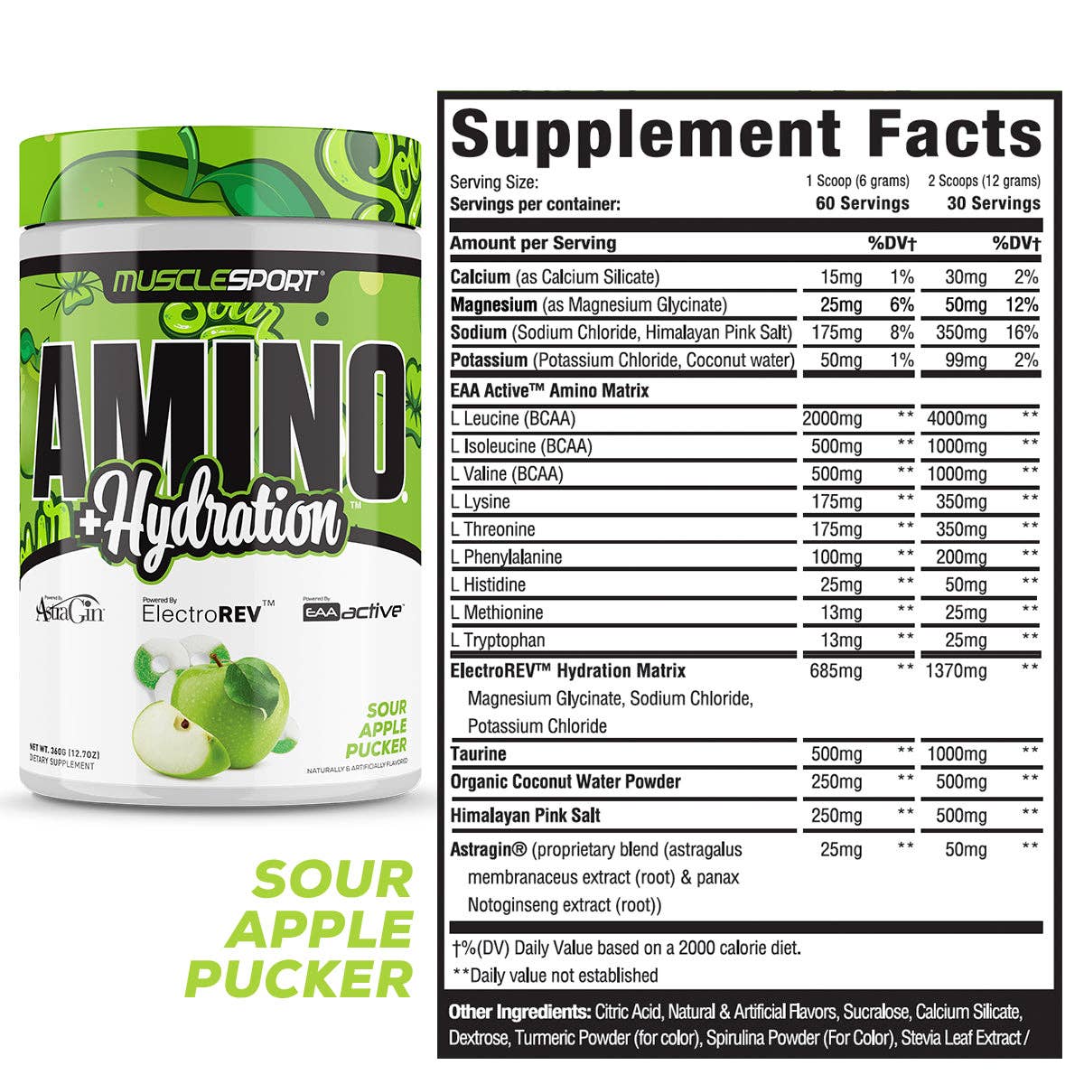 Supplement facts label of MuscleSport Amino + Hydration Sour Apple Pucker 360g. Details amino acids, electrolytes, and hydration ingredients.