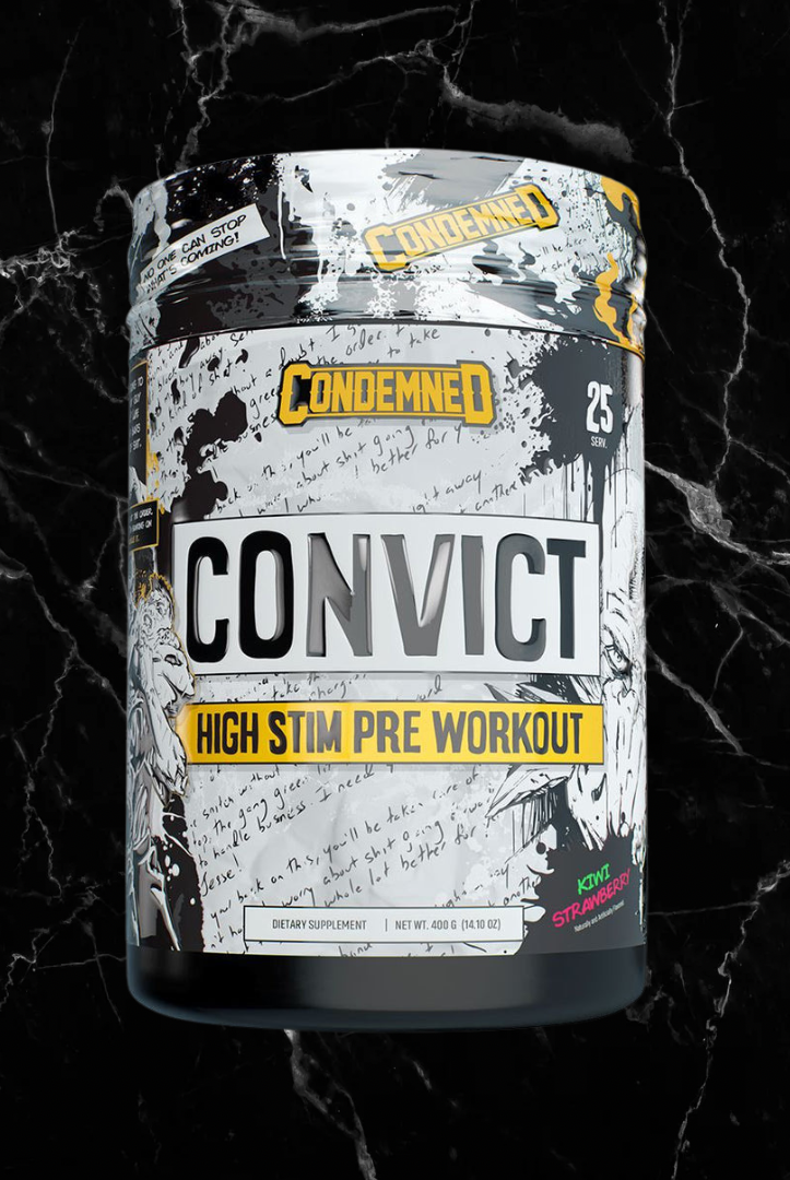 Kiwi Strawberry CONDEMNED Convict High Stim Pre Workout, high potency supplement for boosting workout performance and endurance.