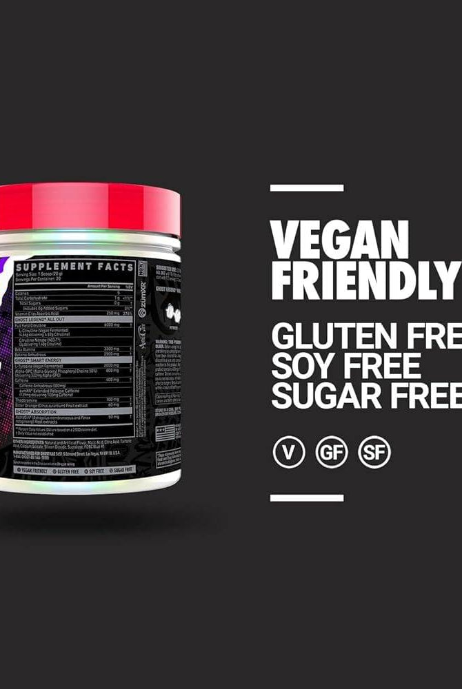 Ghost Legend All Out Pre Workout tub with icons highlighting it's vegan, gluten free, soy free, and sugar free. Ideal for clean fitness supplementation.