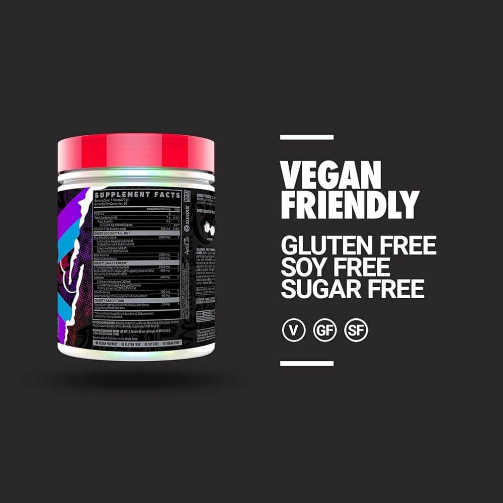 Ghost Legend All Out Pre Workout tub with icons highlighting it's vegan, gluten free, soy free, and sugar free. Ideal for clean fitness supplementation.