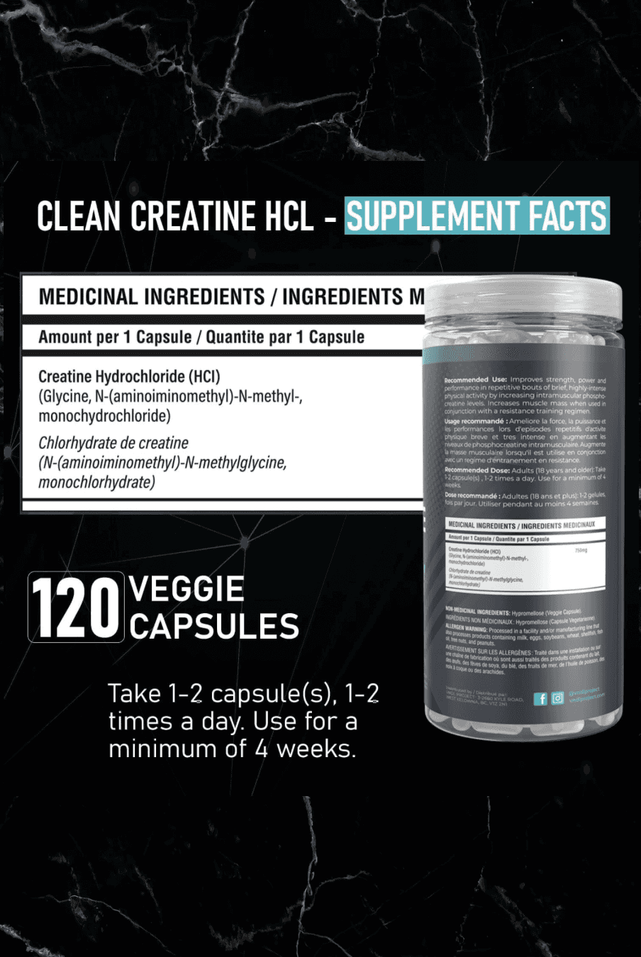 Supplement facts label for VNDL Creatine HCL showing 120 veggie capsules per bottle with dosage instructions and creatine hydrochloride content.