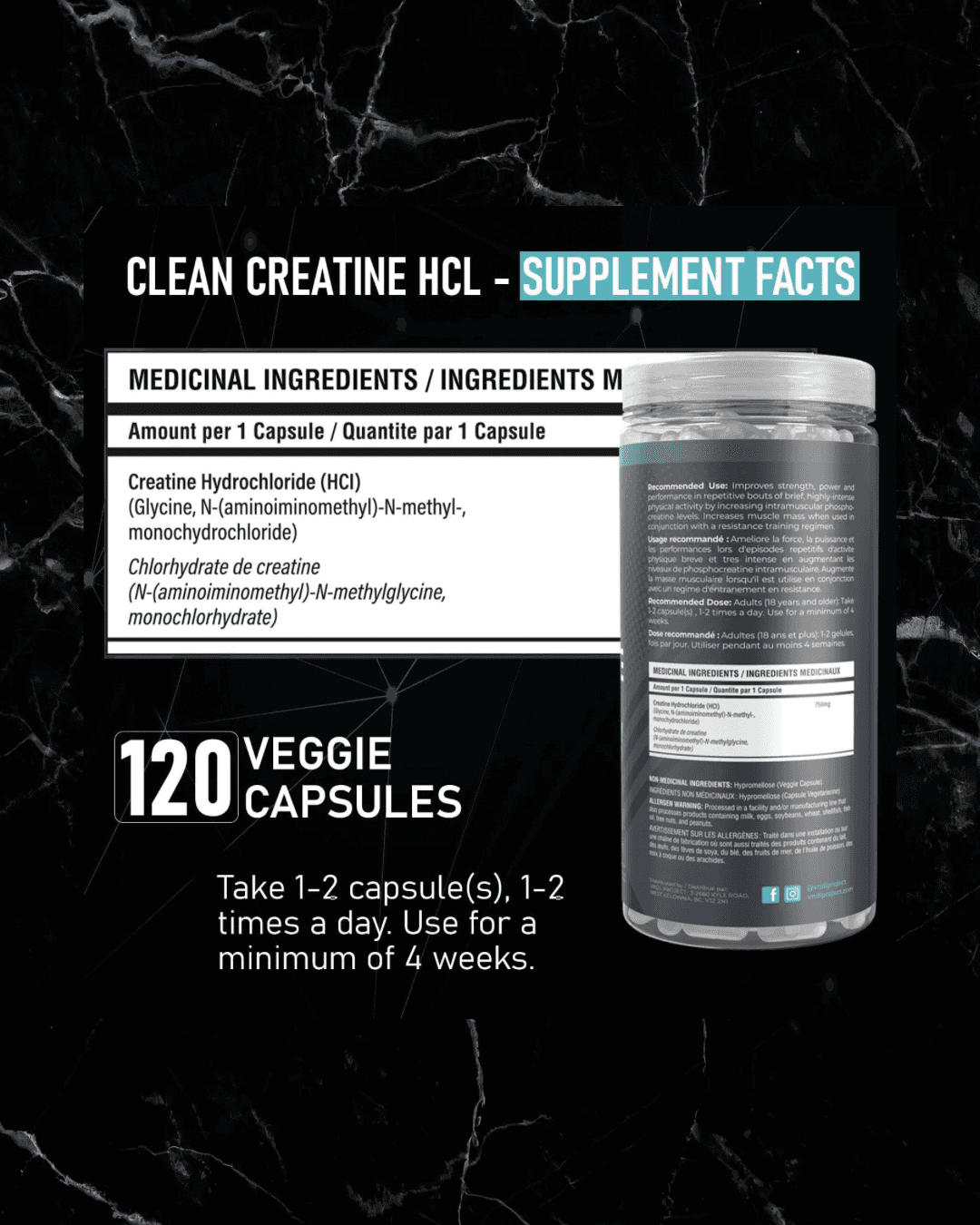 Supplement facts label for VNDL Creatine HCL showing 120 veggie capsules per bottle with dosage instructions and creatine hydrochloride content.
