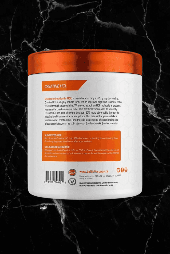 Side view of Ballistic Creatine HCL container detailing product usage, benefits, and creatine HCL formulation for strength and endurance.