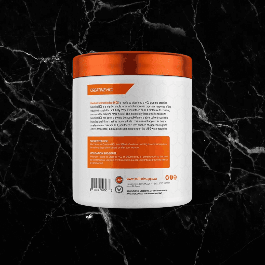 Side view of Ballistic Creatine HCL container detailing product usage, benefits, and creatine HCL formulation for strength and endurance.