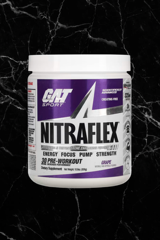 GAT Sports Nitraflex Advanced Pre Workout in grape flavor, high stim supplement for energy, focus, and strength, 30 servings.