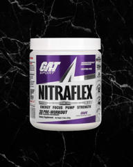 GAT Sports Nitraflex Advanced Pre Workout in grape flavor, high stim supplement for energy, focus, and strength, 30 servings.