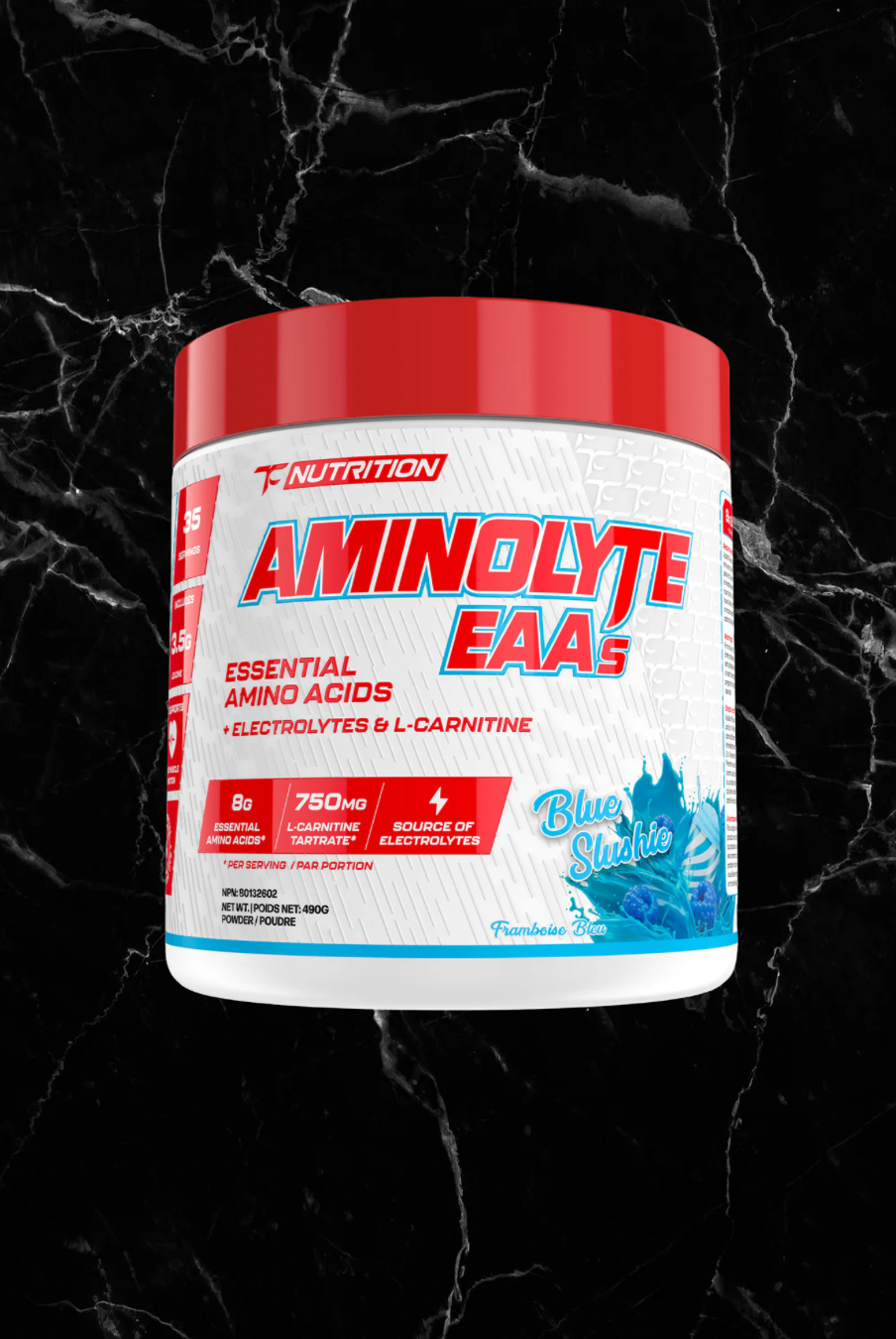 TC Nutrition Aminolyte EAAs Blue Slushie flavor supports hydration and muscle repair with 8g EAAs, electrolytes, and 750mg L-carnitine.