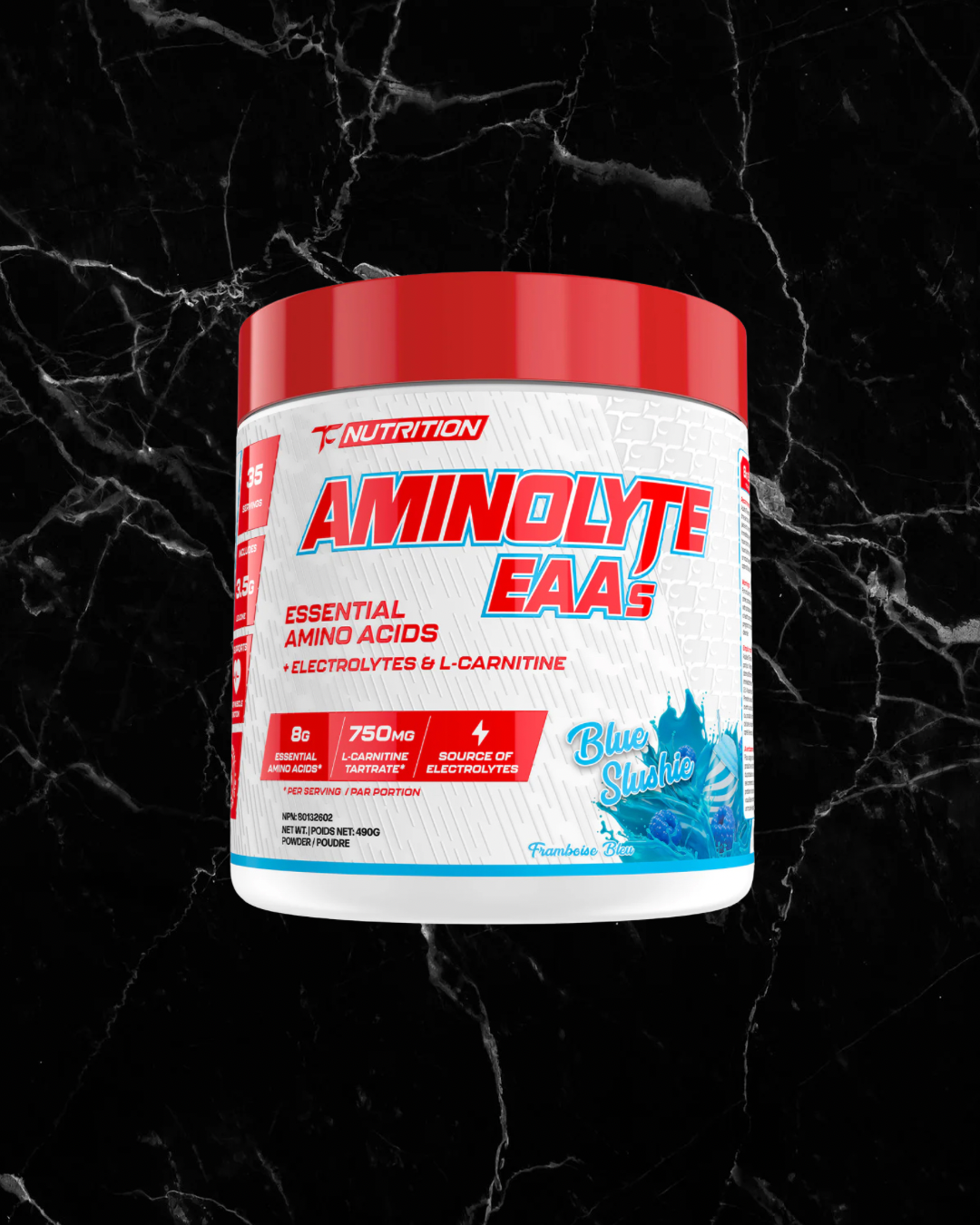 TC Nutrition Aminolyte EAAs Blue Slushie flavor supports hydration and muscle repair with 8g EAAs, electrolytes, and 750mg L-carnitine.