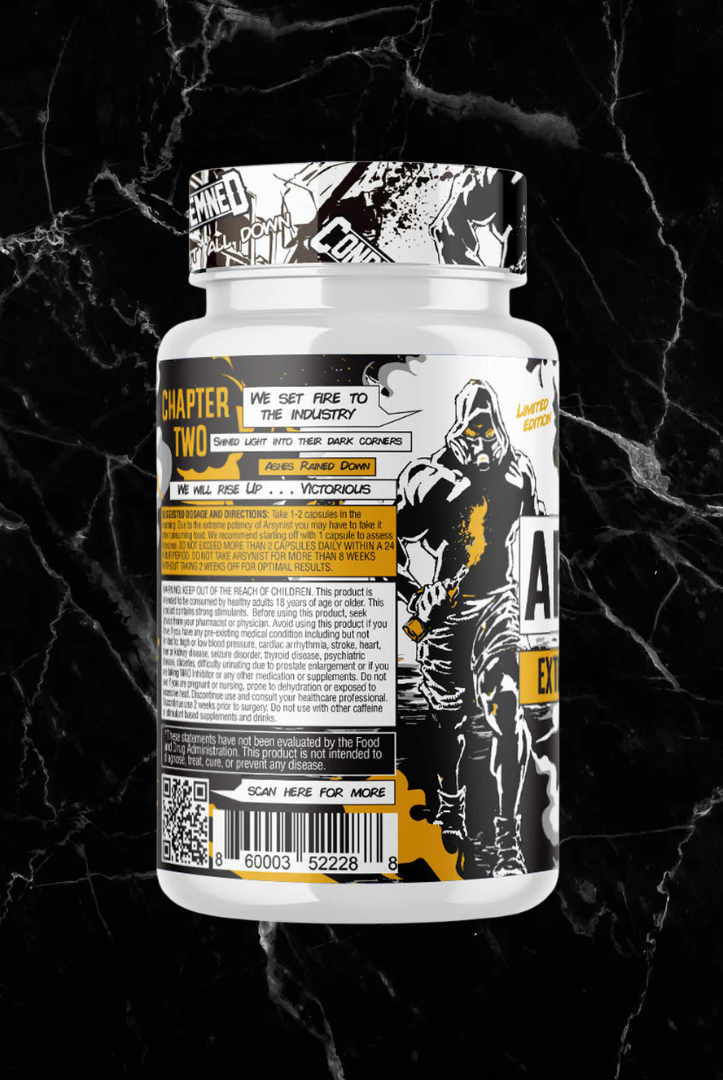 Back label of CONDEMNED LABZ ARSYNIST showing product branding and intense design. Fitness supplement for fat burning and energy boost.