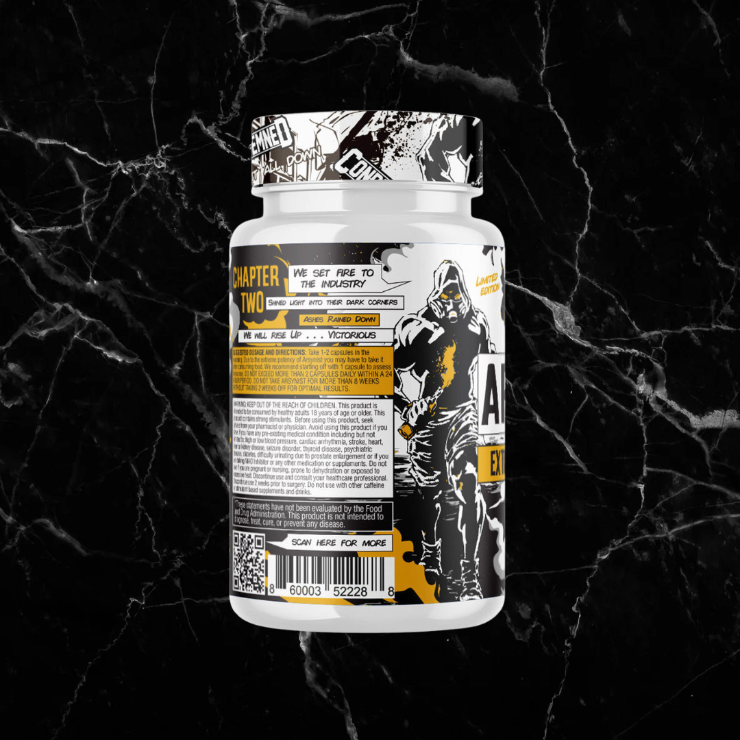 Back label of CONDEMNED LABZ ARSYNIST showing product branding and intense design. Fitness supplement for fat burning and energy boost.