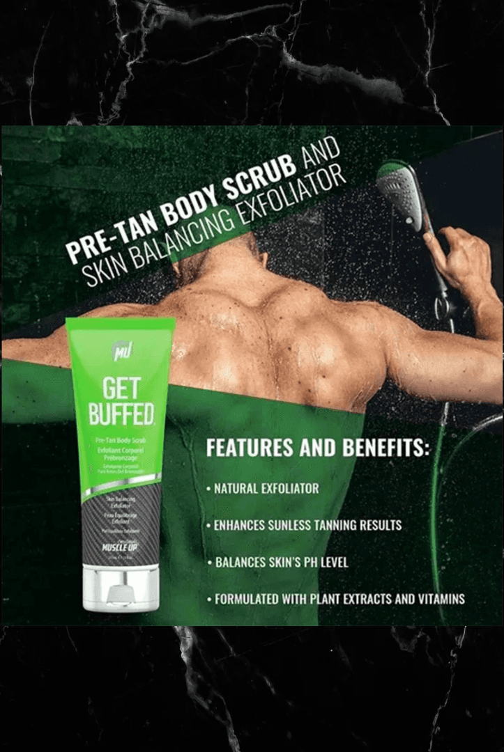 Pro Tan Get Buffed Pre-Tan Scrub promotional image with product benefits like natural exfoliation and pH balance for enhanced tanning.
