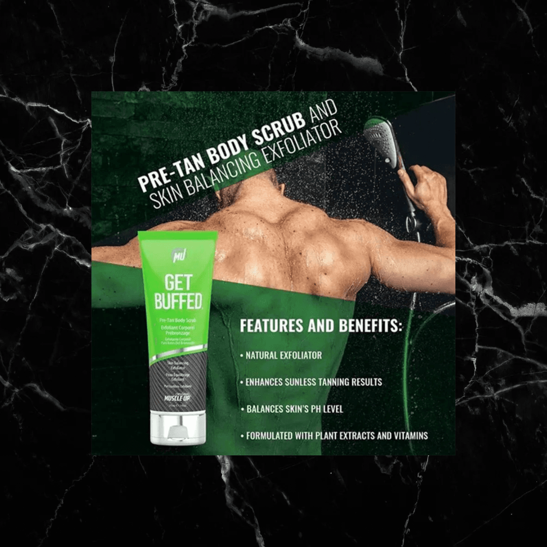 Pro Tan Get Buffed Pre-Tan Scrub promotional image with product benefits like natural exfoliation and pH balance for enhanced tanning.