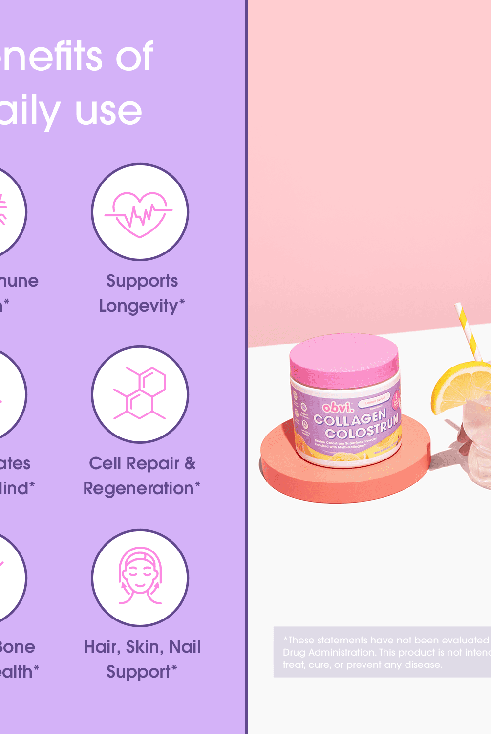 Health benefits of Obvi Colostrum Lemon Sorbet including immune boost, longevity, skin, bone, and cell regeneration support.