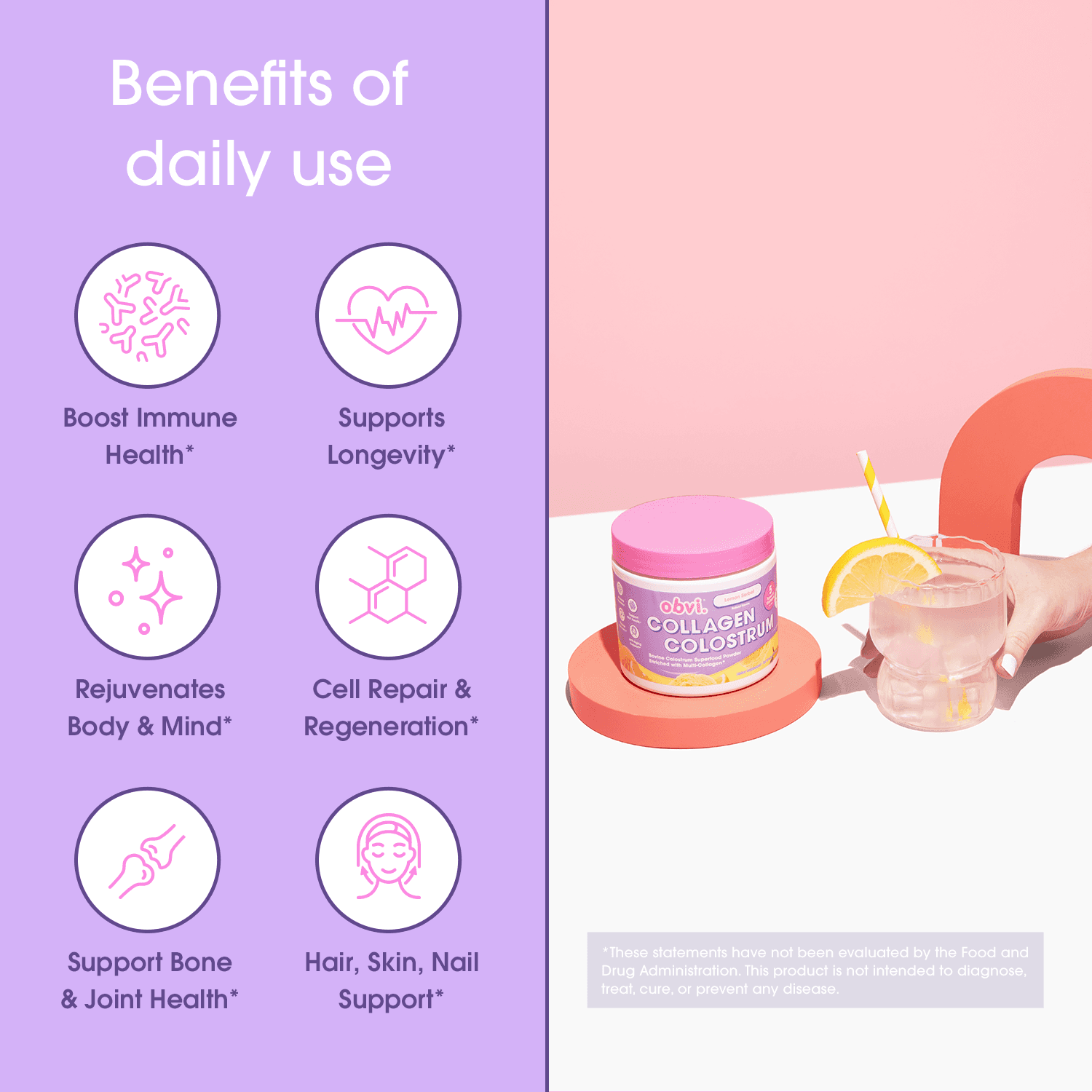 Health benefits of Obvi Colostrum Lemon Sorbet including immune boost, longevity, skin, bone, and cell regeneration support.