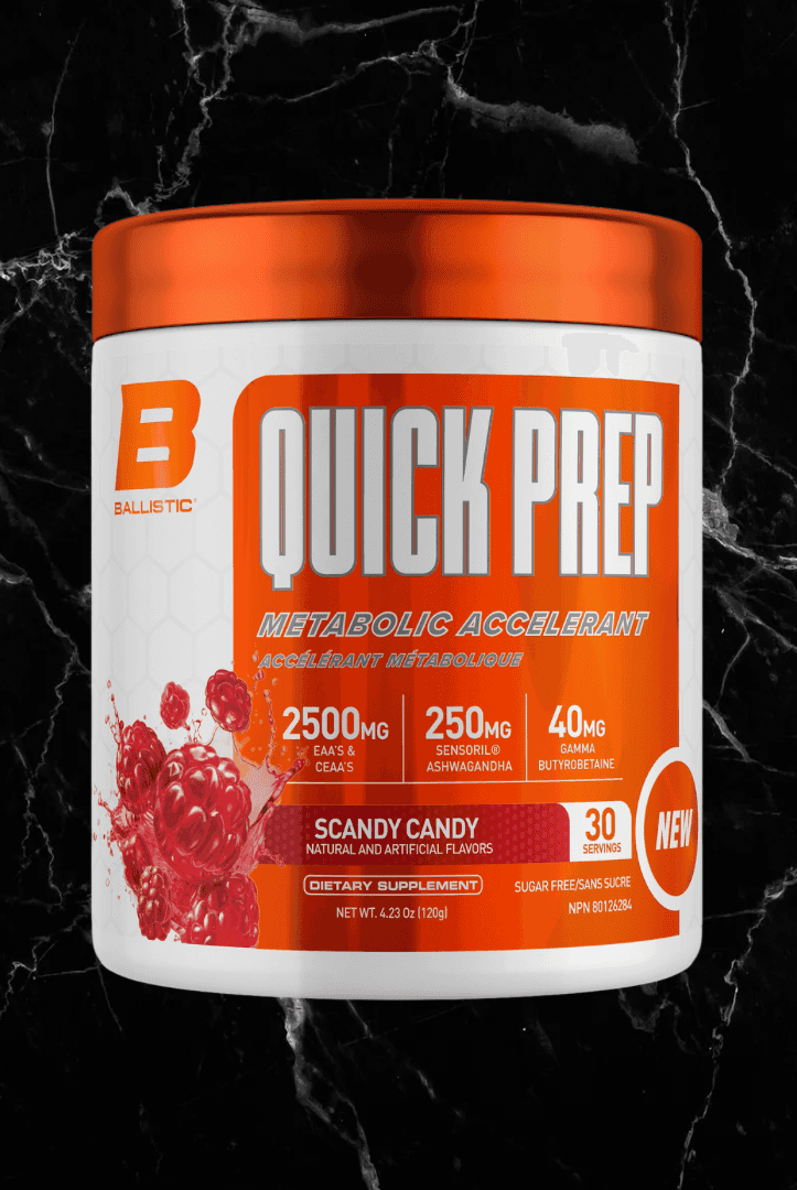 Ballistic Quick Prep Scandy Candy pre-workout supplement for energy and fat loss. Features 2500mg EAAs, 250mg Ashwagandha, and 40mg Butyrate.