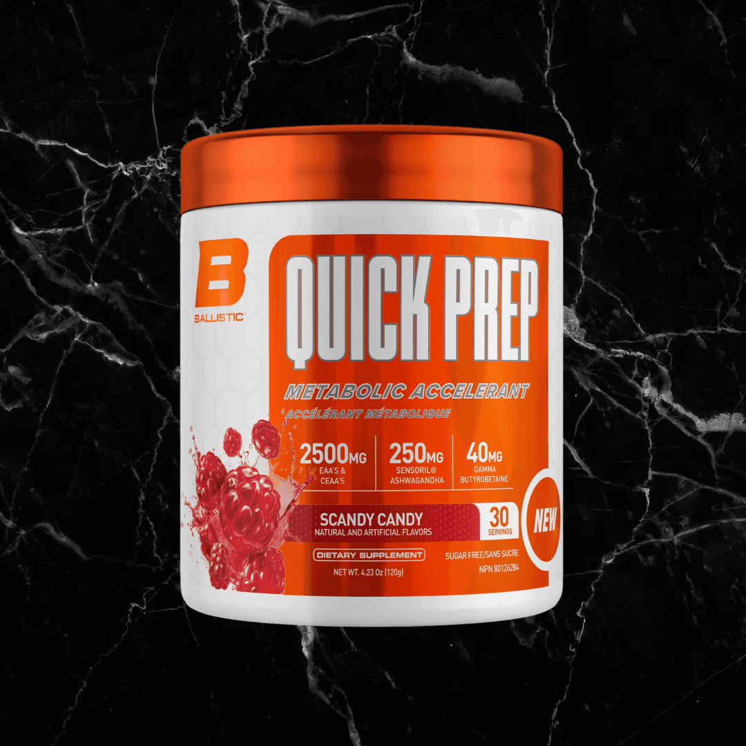Ballistic Quick Prep Scandy Candy pre-workout supplement for energy and fat loss. Features 2500mg EAAs, 250mg Ashwagandha, and 40mg Butyrate.