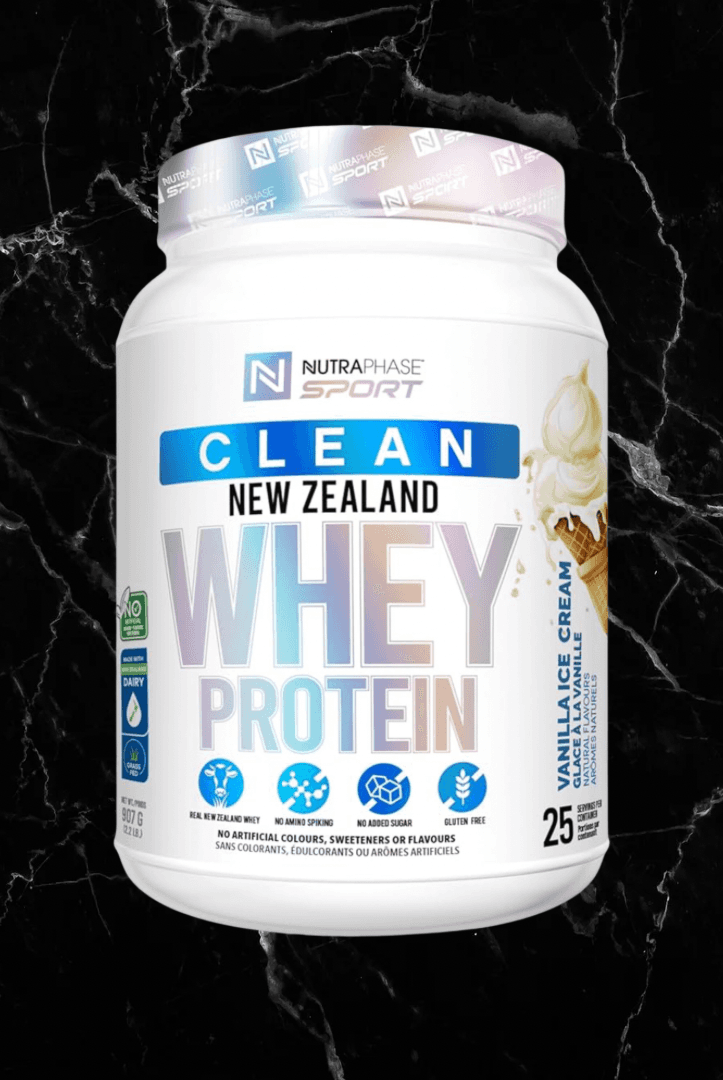 NutraPhase New Zealand Whey Protein - 25 Servings in Vanilla Ice Cream flavor, clean protein powder for muscle recovery and high absorption.