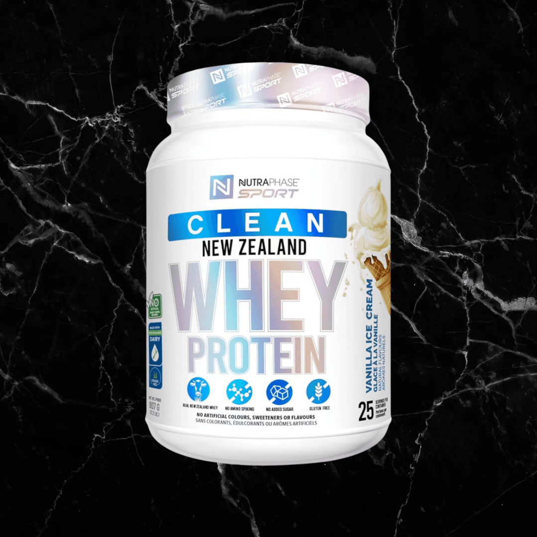 NutraPhase New Zealand Whey Protein - 25 Servings in Vanilla Ice Cream flavor, clean protein powder for muscle recovery and high absorption.