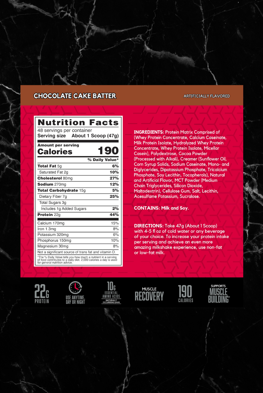 BSN SYNTHA-6 Chocolate Cake Batter nutrition label showing 22g protein, 190 calories, and ingredients for fitness and muscle support.
