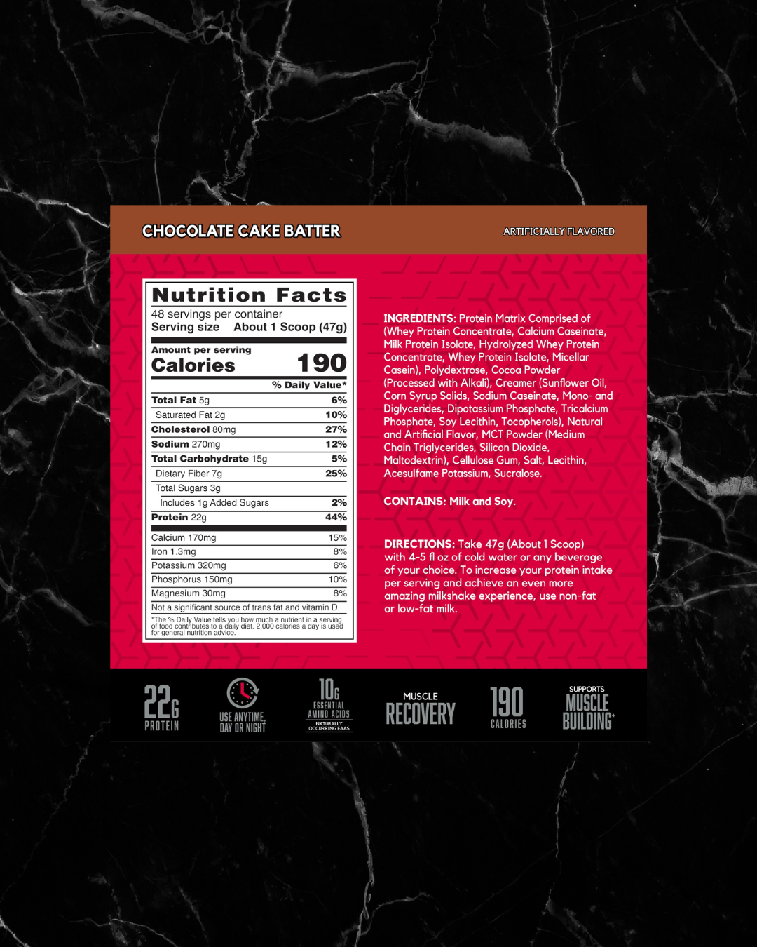 BSN SYNTHA-6 Chocolate Cake Batter nutrition label showing 22g protein, 190 calories, and ingredients for fitness and muscle support.