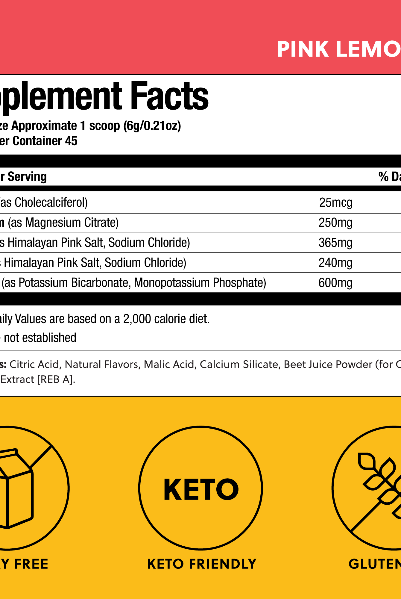 Supplement facts for Perfect Keto Electrolytes Pink Lemonade, showing 4:2:1:1 ratio of essential minerals, keto, dairy-free, and gluten-free.