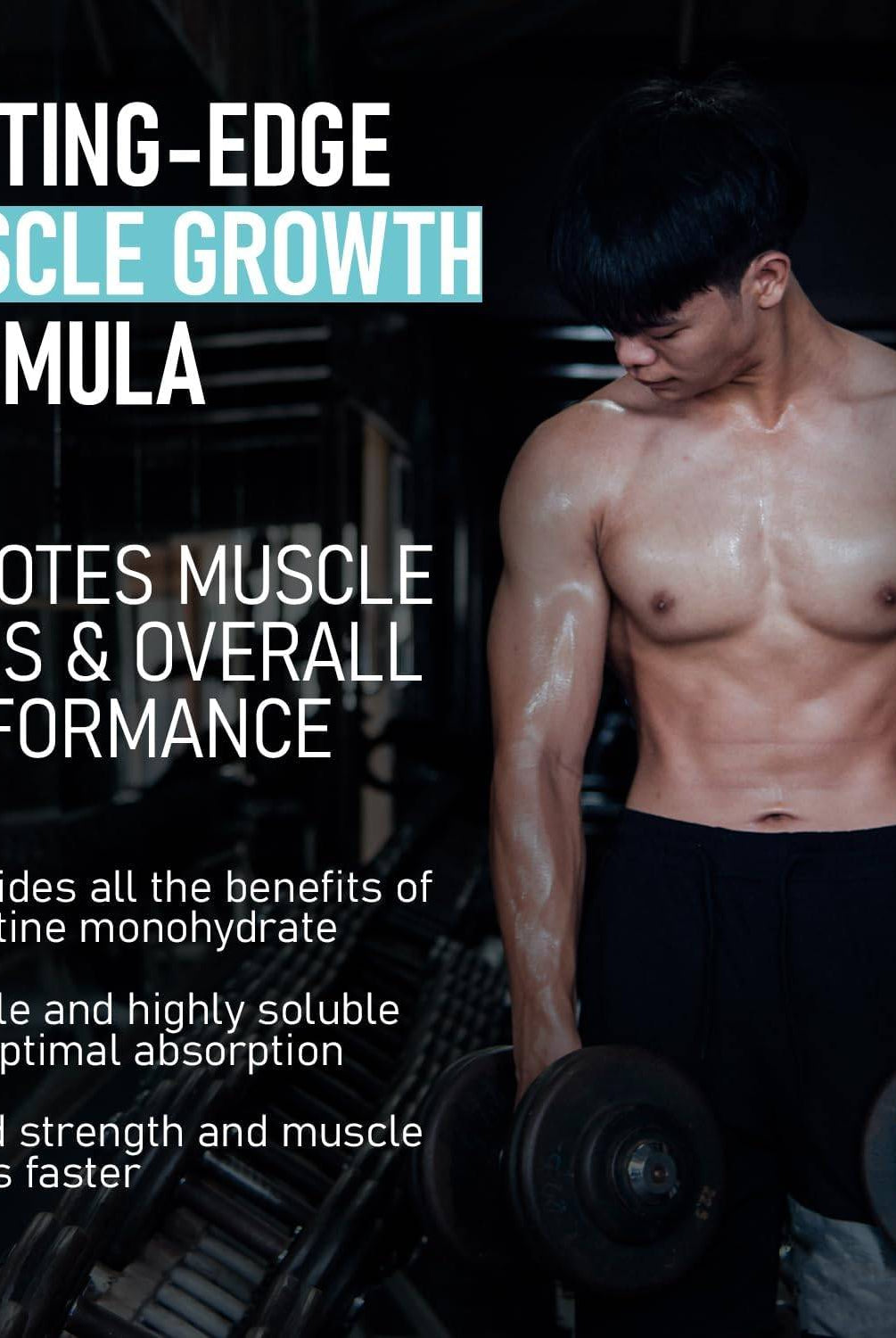 Athlete lifting dumbbells promoting VNDL Creatine HCL as a cutting-edge muscle growth formula with high absorption and strength-building benefits.