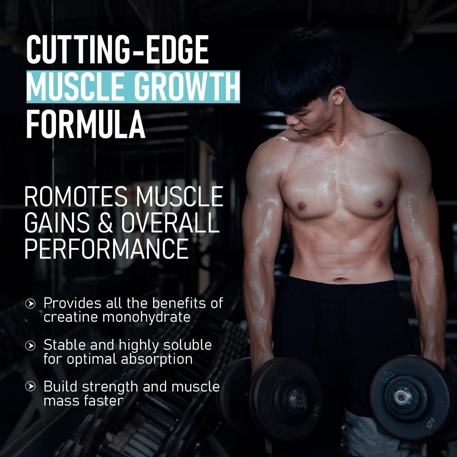 Athlete lifting dumbbells promoting VNDL Creatine HCL as a cutting-edge muscle growth formula with high absorption and strength-building benefits.