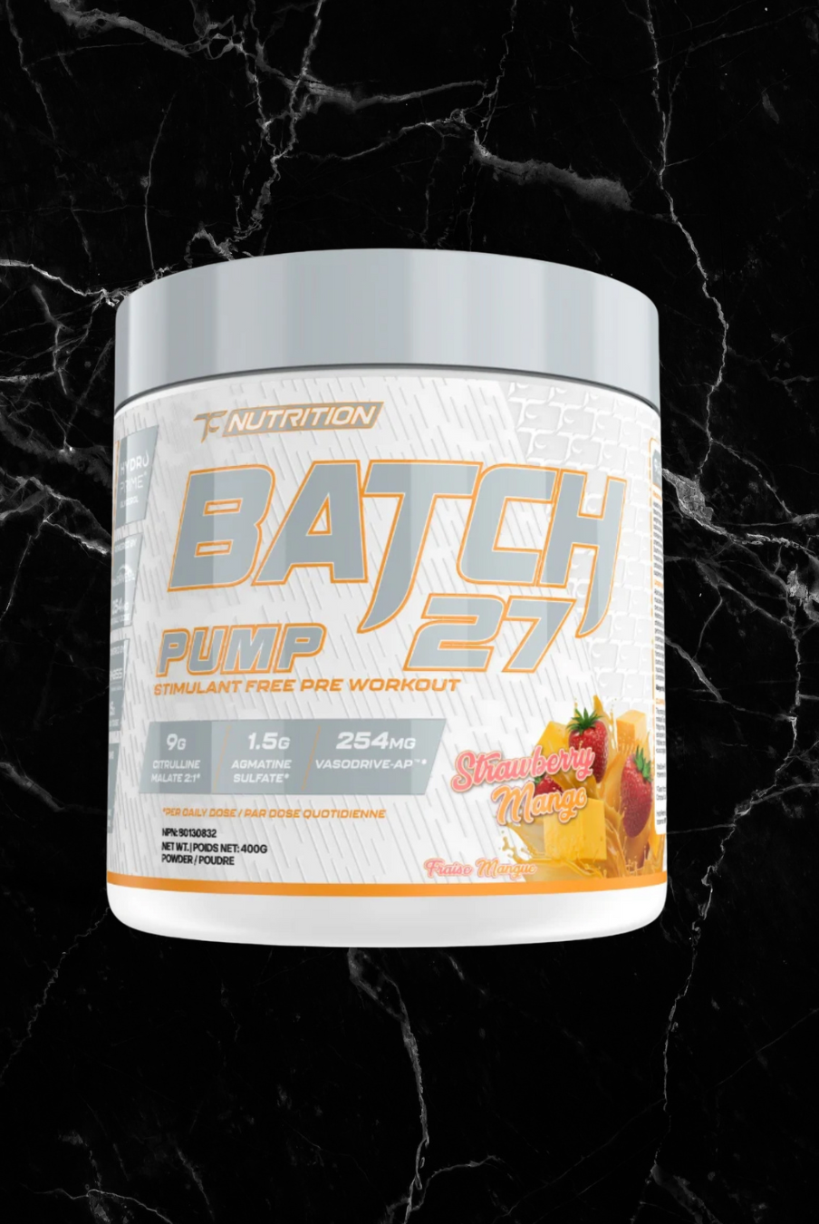TC Nutrition Pump - Non Stim Strawberry Mango flavor pre-workout supplement. Boosts muscle pumps and strength without stimulants.