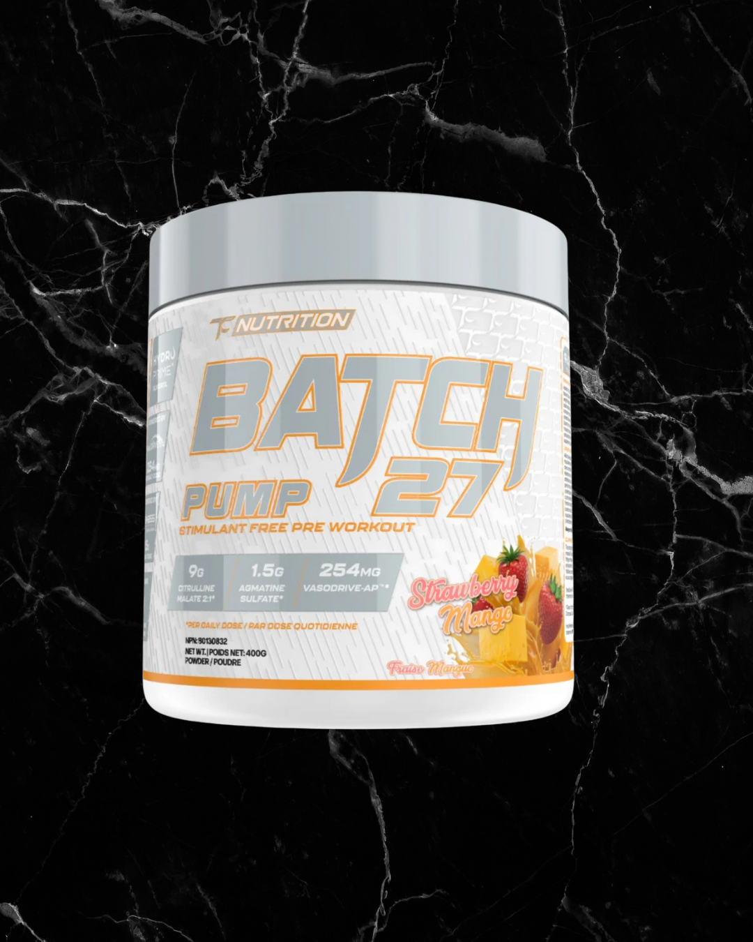 TC Nutrition Pump - Non Stim Strawberry Mango flavor pre-workout supplement. Boosts muscle pumps and strength without stimulants.