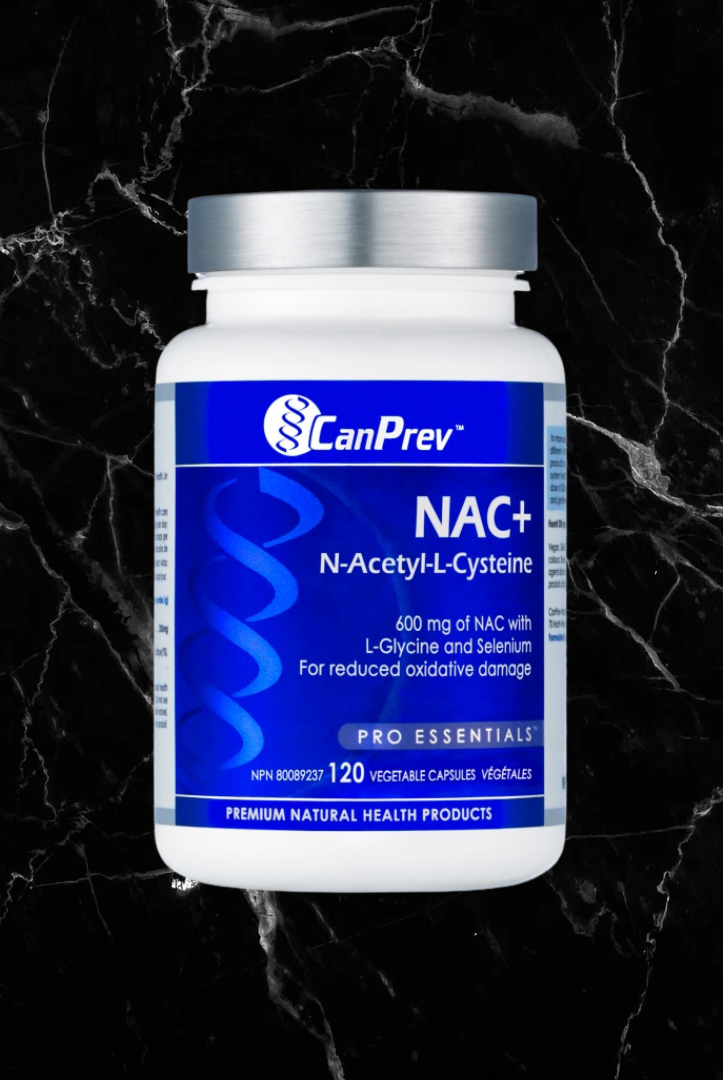 CanPrev NAC+ Oxidative Stress Defense supplement bottle with 600mg N-Acetyl-L-Cysteine, L-Glycine, and Selenium for antioxidant support.
