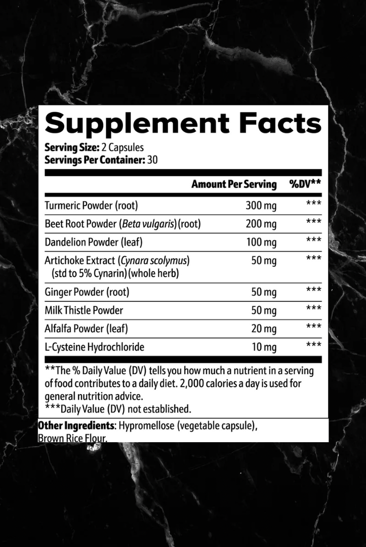 Supplement facts label for Project M Liver Support showing ingredients like turmeric, milk thistle, and ginger for liver health.