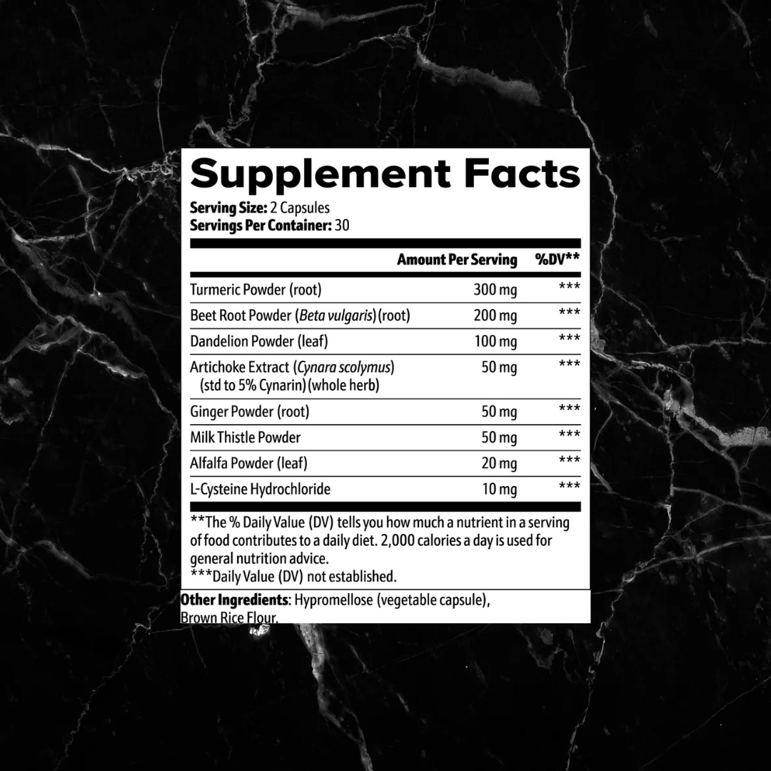 Supplement facts label for Project M Liver Support showing ingredients like turmeric, milk thistle, and ginger for liver health.