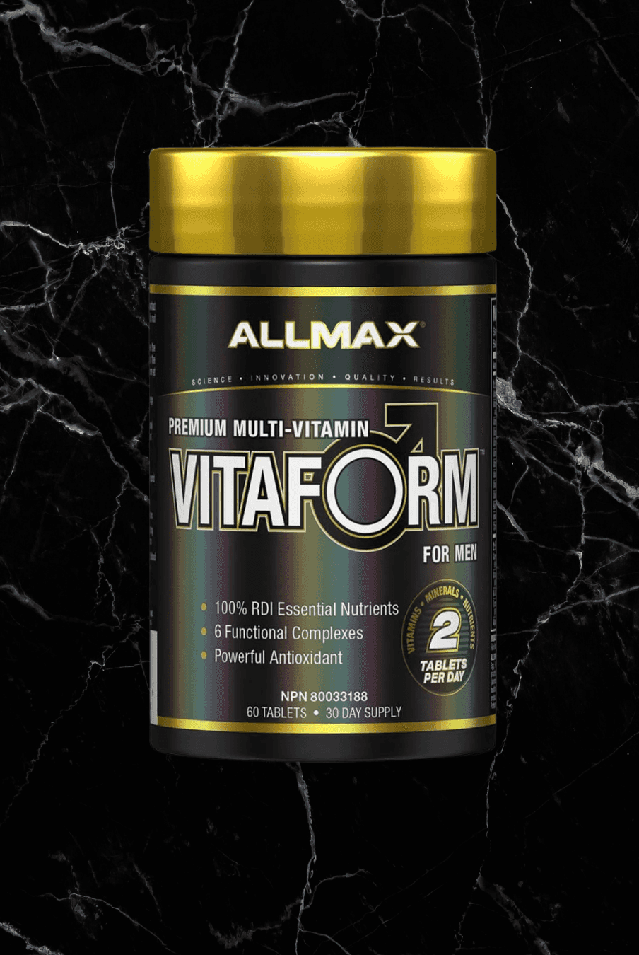 ALLMAX Vitaform For Men multivitamin bottle front view with gold cap, labeled as VITAFORM Men's Multivitamin - Complete Daily Essentials for active men.